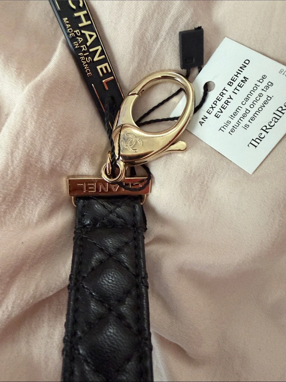 CHANEL Black Quilted Leather Key Strap with Gold Hardware